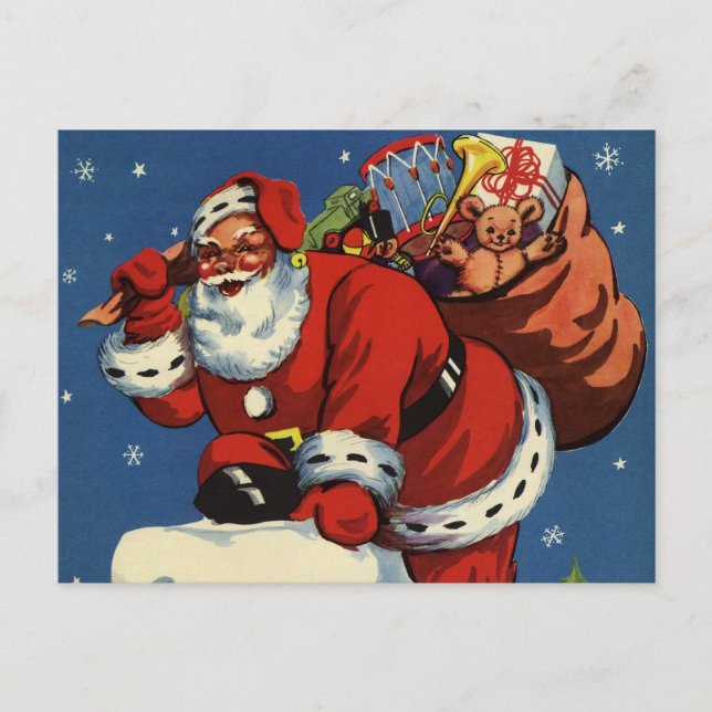 Julig jul, Tomte nerför skorsten med leksaker Helg Vykort (Framsida)