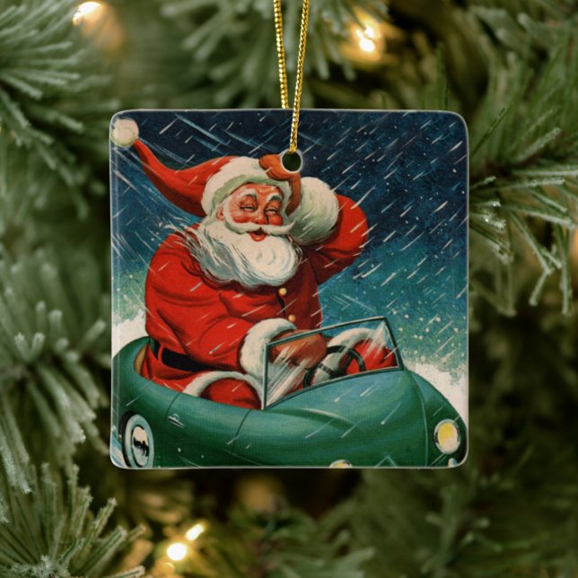 Julig jul, Tomtefar i en söt bil Julgransprydnad Keramik (Träd)