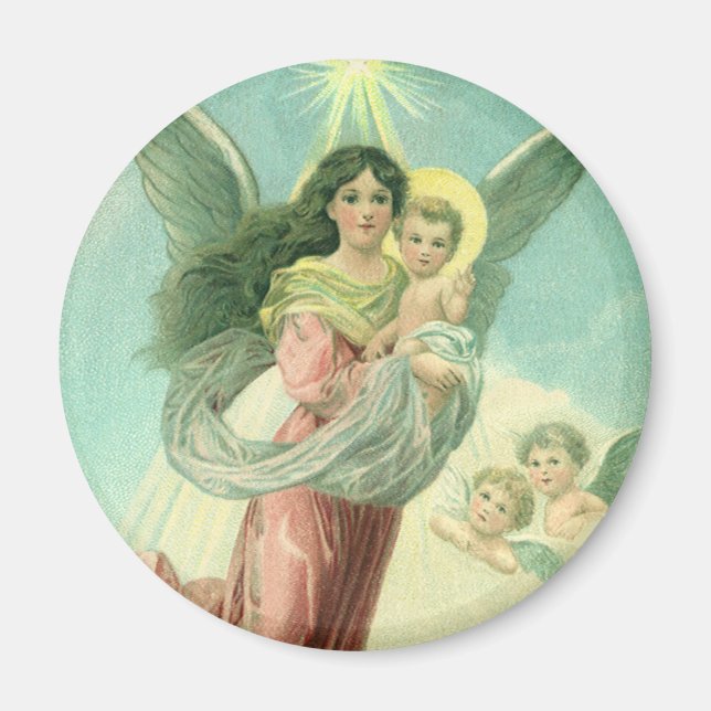 Julig jul, viktoriansk ängel med Jesusbarnet Magnet (Framsidan)