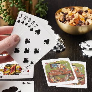 Julig julfarbror med tomtenissar i verkstaden casinokort