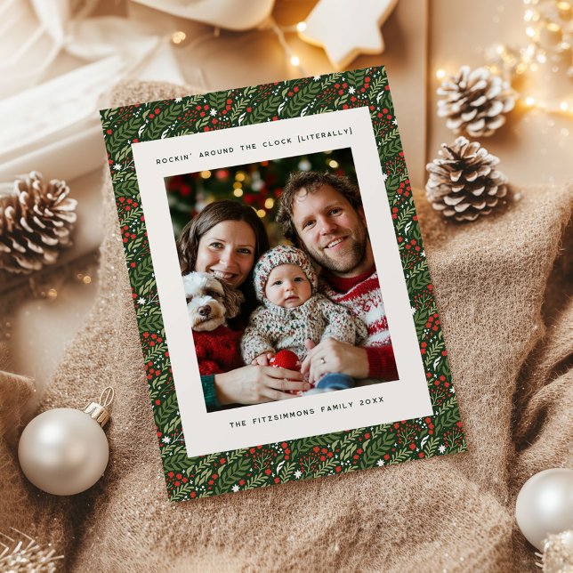 Julig julhögtidlighet med järnekblad för fotokort julkort (Holly Leaf Christmas photo card)
