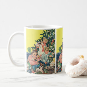 Julig julmorgon, barn som öppnar presenter kaffemugg