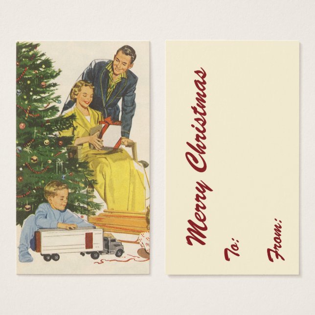 Julig julmorgon, familjen öppnar presenter visitkort (Framsida & baksida)