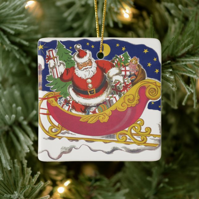 Julig jultomte med släde julgransprydnad keramik (Träd)