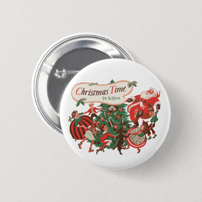 Julig jultomte och dansande barn knapp (Framsida & baksida)