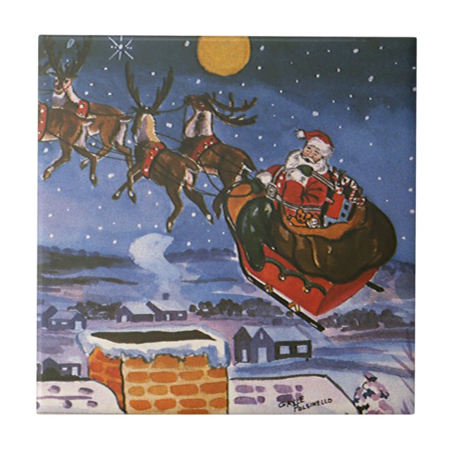 Julig jultomte som flyger sin släde kakelplatta (Framsidan)