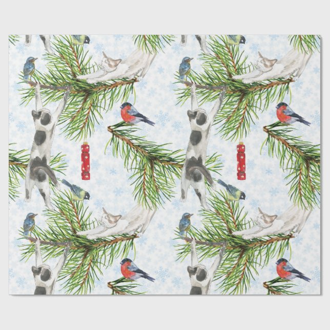 Julig kattunge med fåglar presentpapper (Platt)