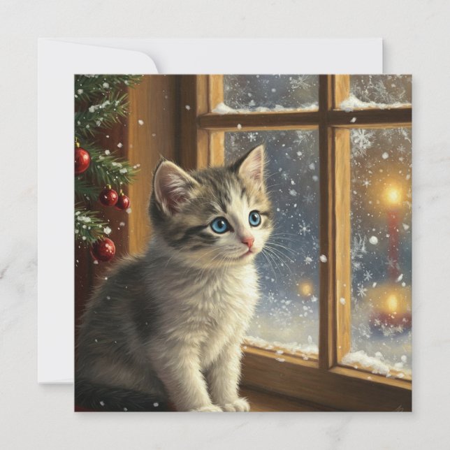 Julig kattunge vid fönstret  julkort (Framsida)