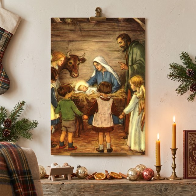 Julig klassisk jul, religiös julkrubba med Jesusba Poster (Vintage illustration religious Christmas image featuring a classic nativity scene in the manger.)