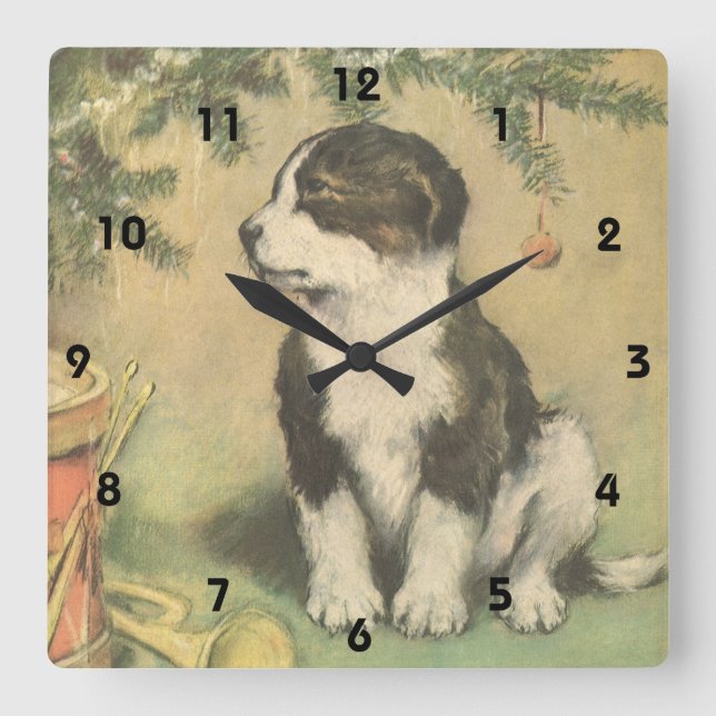 Julig klassisk jul, söt valp under julgranen fyrkantig klocka (Framsida)