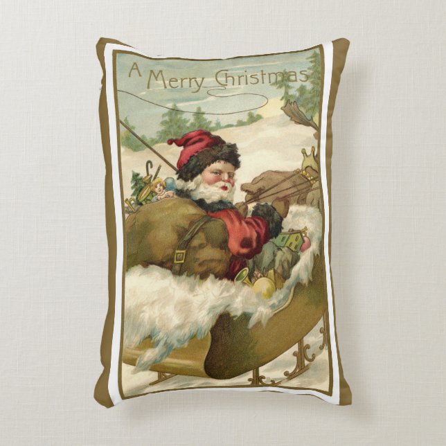 Julig klassisk jul, viktoriansk jultomte i släde prydnadskudde (Framsidan(Vertikal))