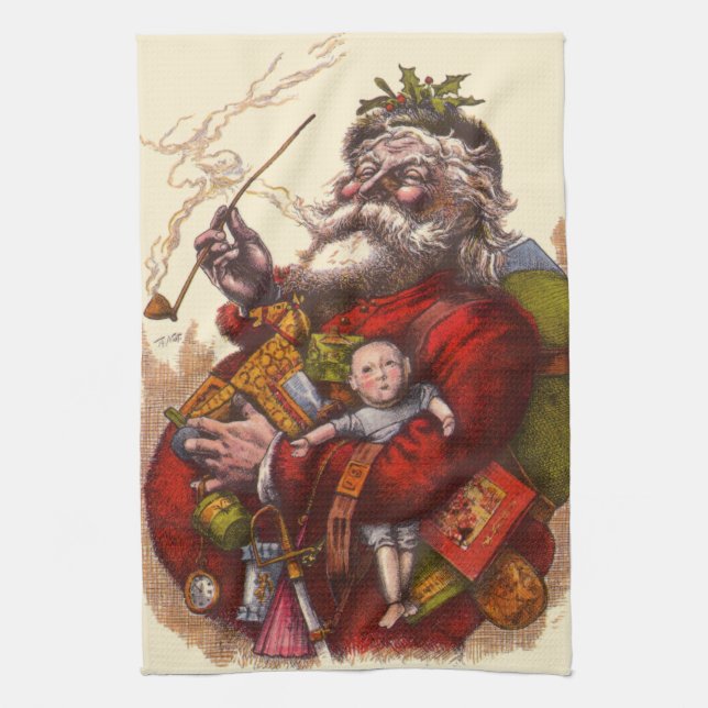 Julig klassisk jul, viktoriansk tomte med leksaker kökshandduk (Vertikal)