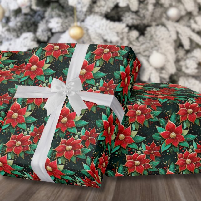 Julig Mönster Poinsettia Blommor Jul Presentpapper (Festive Pattern Poinsettia Flowers Christmas Wrapping Paper)
