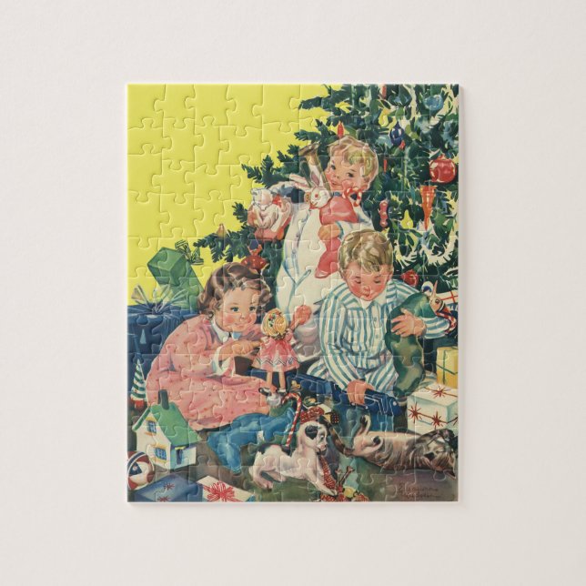 Julig morgon, barn som öppnar presenter pussel (Vertikal)