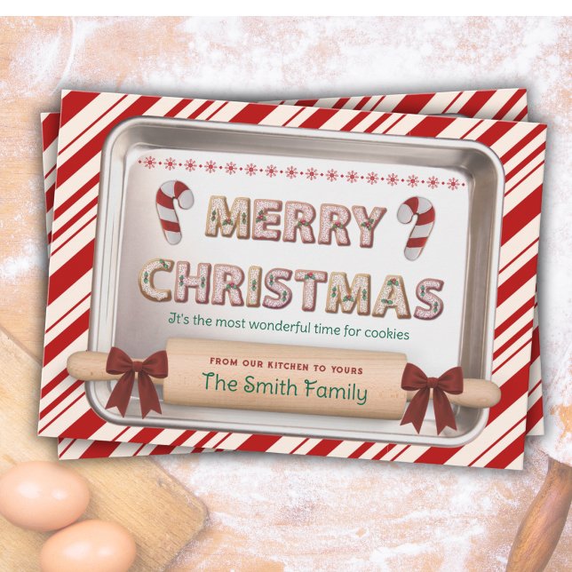 Julig Pepparmynts Kakrecept Julkort (Personalized peppermint cookie recipe Christmas card front with custom family name.)