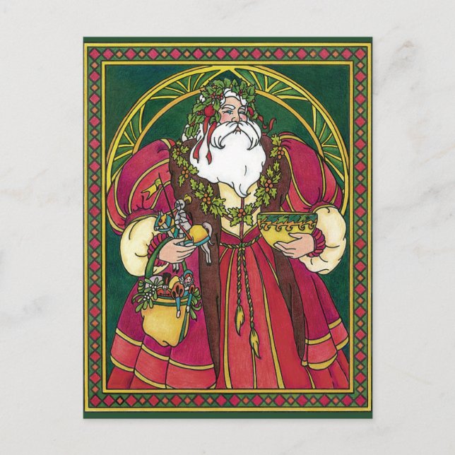 Julig Santa Claus med järnekblad Helg Vykort (Framsida)