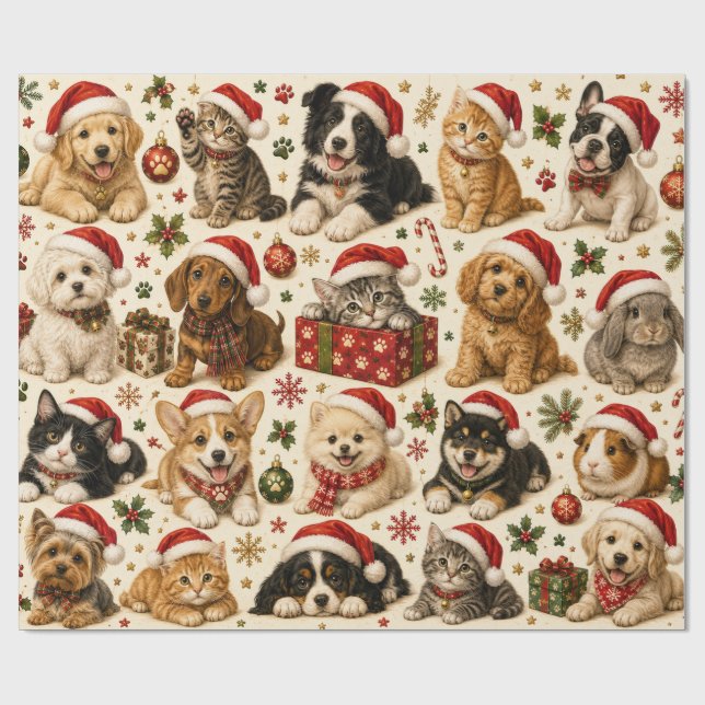 Julig Santamössa Husdjur Mönster Presentpapper (Platt)