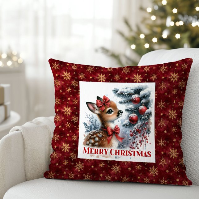 Julig scen med liten rådjur julkudde  kudde (Hushed Christmas scene baby fawn Christmas pillow (51))