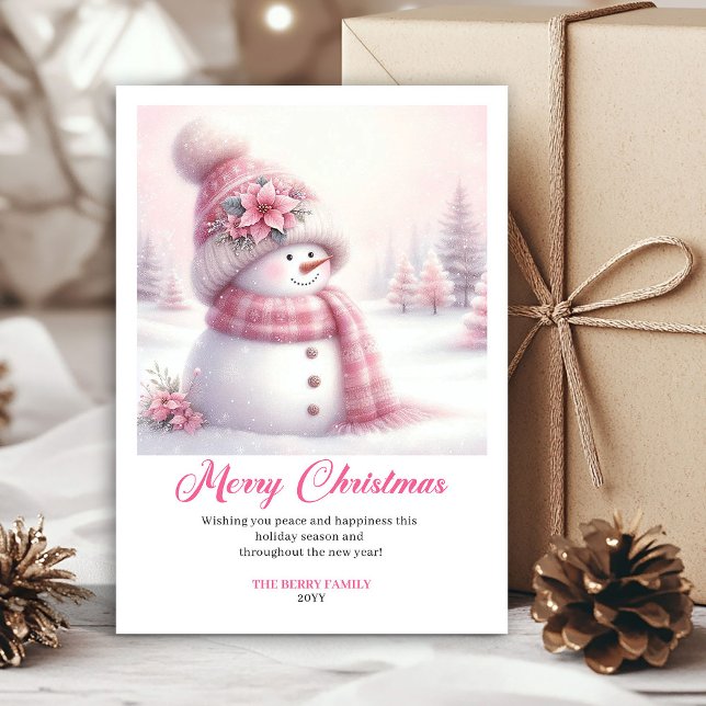 Julig snöig rosa snömannen barn julkort redigering (Festive snowy pink snowman kids greeting card edit)