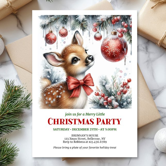 Julig snöig skogsbarn hjort jul inbjudan  (Festive snowy forest baby deer Christmas invite editable)