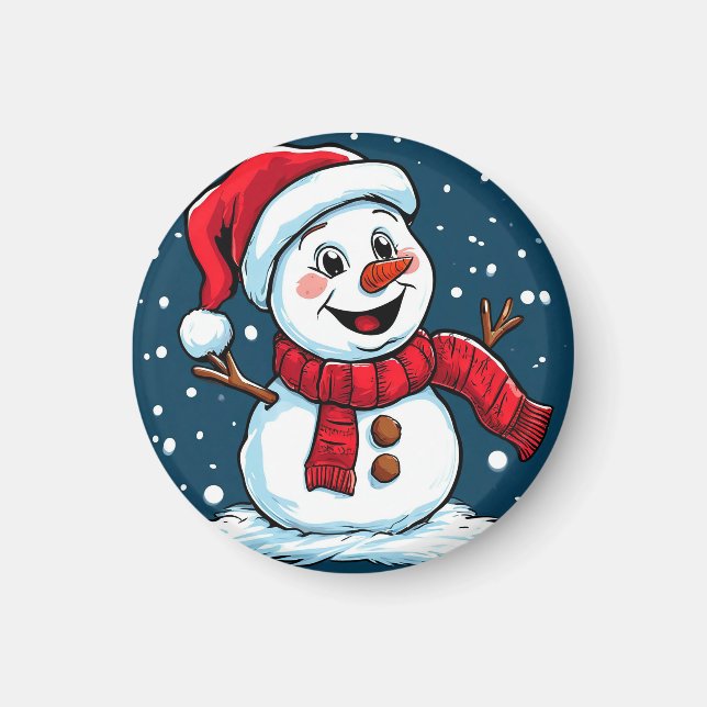 Julig Snömannen Tecknad med Santamössa Magnet (Framsidan)
