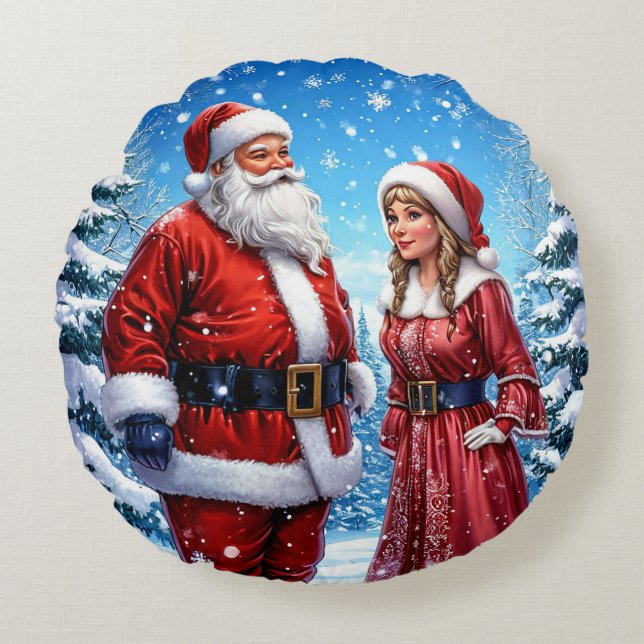 Julig Tomte och fru Tomte Rund Kudde (Framsidan)