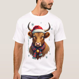 Julig Vintage Highland Ko Santa Hatt Färgrik T Shirt