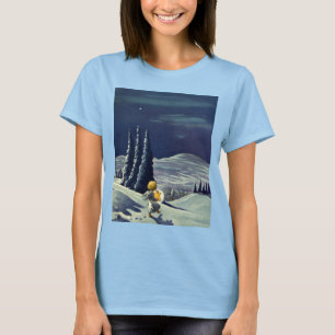 Julig vintrig scen, snöängel vandrar med en stjärn t shirt