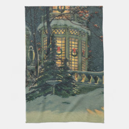 Julig vintrig stuga med kransar i fönstren kökshandduk