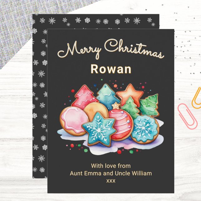 Juliga glassade kakor Personliga God Jul Julkort (A modern Christmas card with colorful cookies picture in a watercolor style, on a black background)