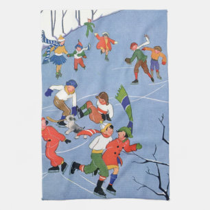 Juligt jul, barn som åker is på en sjö kökshandduk