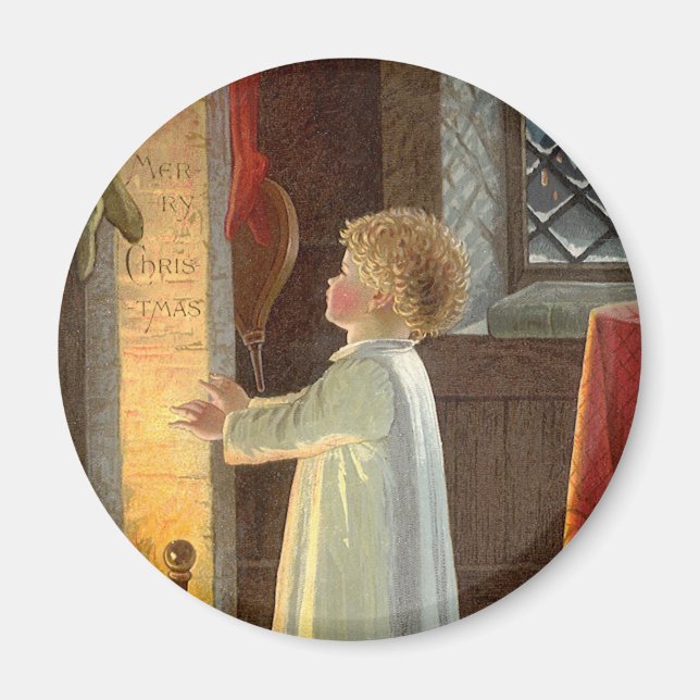 Juligt jul, barn som värms vid öppen spis magnet (Framsidan)