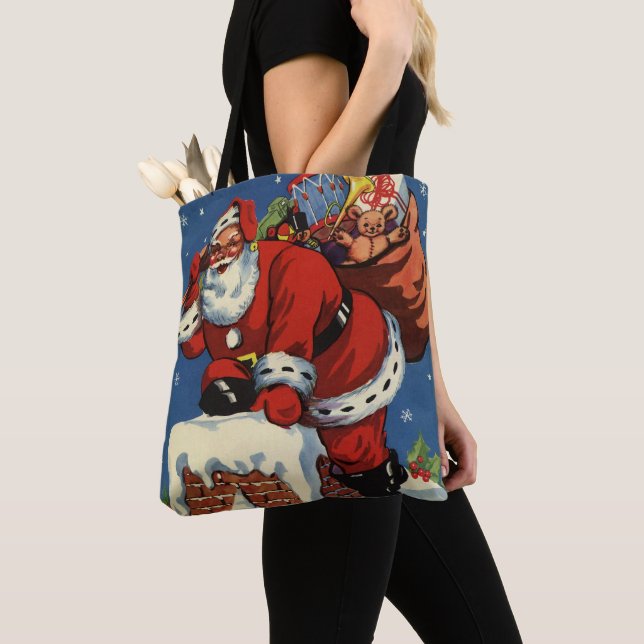 Juligt jul, Tomte nerför skorsten med leksaker Tygkasse (Närbild)