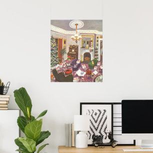 Juligt vardagsrum med inslagna julklappar i vintag poster