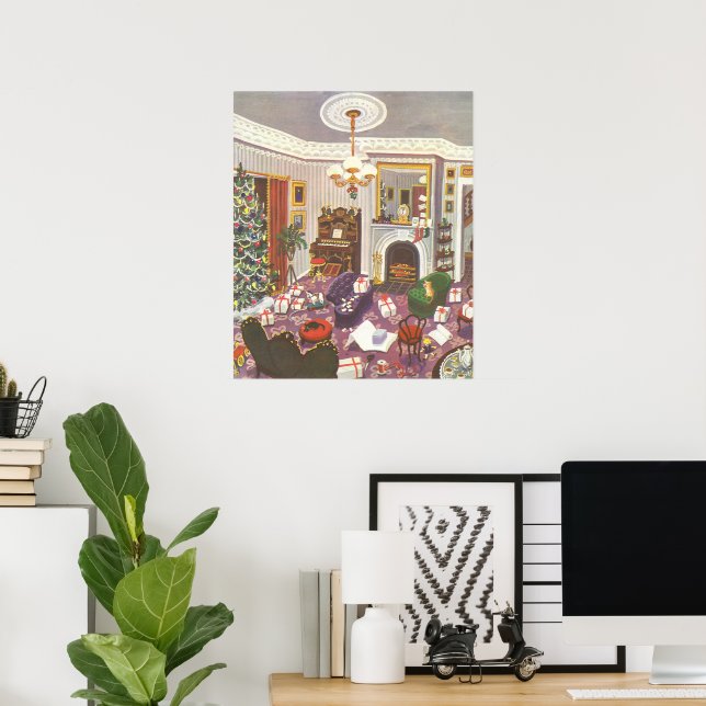 Juligt vardagsrum med inslagna julklappar i vintag poster (Hemmakontoret)