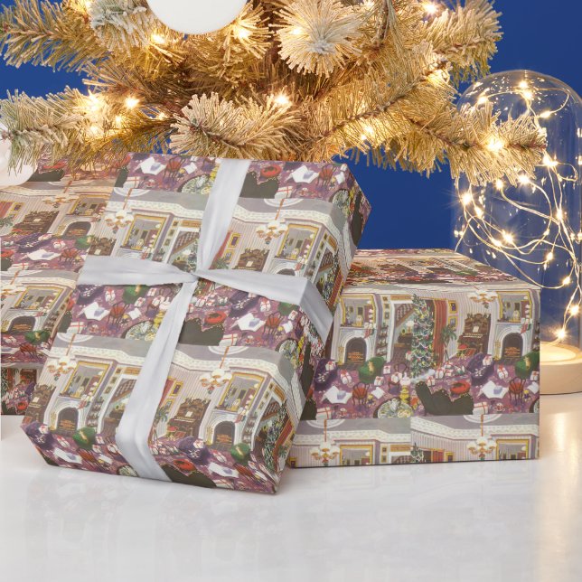 Juligt vardagsrum med inslagna julklappar presentpapper (Helgdagar)