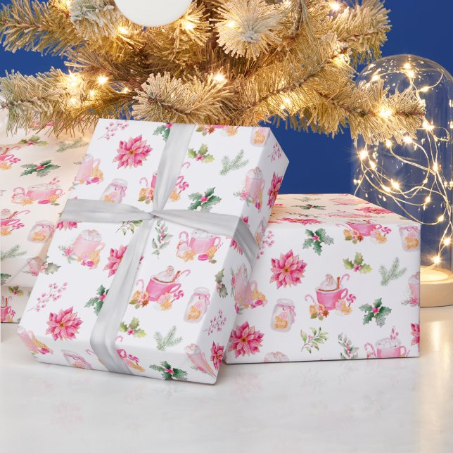 Juligt varmt kakao och rosa julstjärnor presentpapper (Helgdagar)