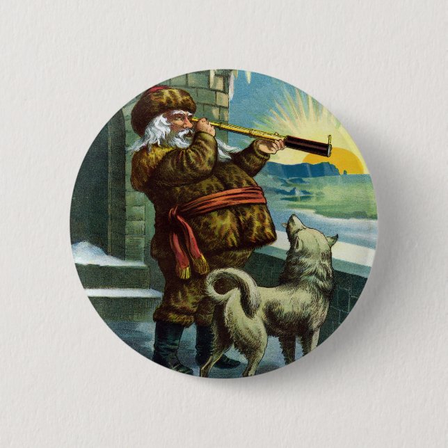 Juligt Vintage Santa Claus Teleskop Hund Solnedgån Knapp (Framsida)