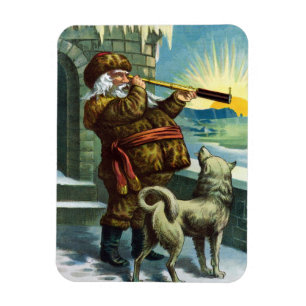 Juligt Vintage Santa Claus Teleskop Hund Solnedgån Magnet