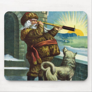 Juligt Vintage Santa Claus Teleskop Hund Solnedgån Musmatta