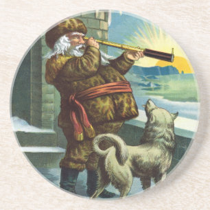 Juligt Vintage Santa Claus Teleskop Hund Solnedgån Underlägg