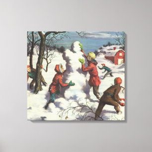 Juligt vintaget jul, barn snöbollskrig canvastryck