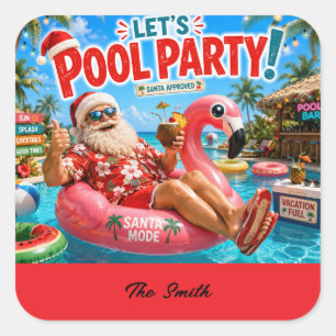 Julijul firande med poolparty och tomte fyrkantigt klistermärke