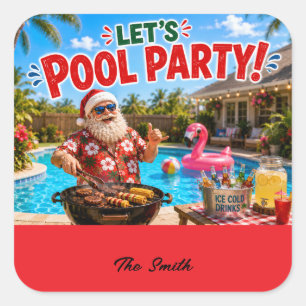 Julijul firande med poolparty och tomte fyrkantigt klistermärke