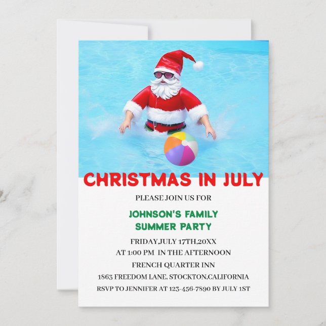 Julikvällsjul sommar poolparty inbjudningar (Framsida)