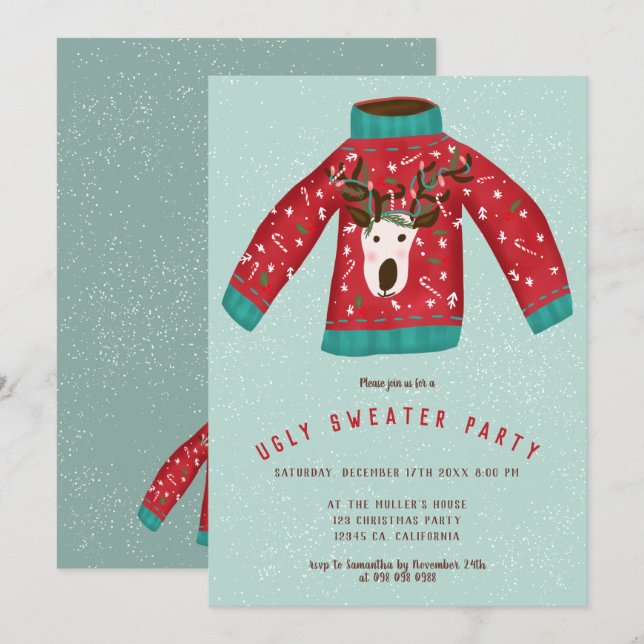 Julillustration av roligt renar ful sweater inbjudningar (Fram/baksida)
