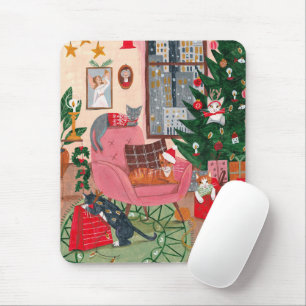 Julillustration för katt vid kattens rosa musmatta