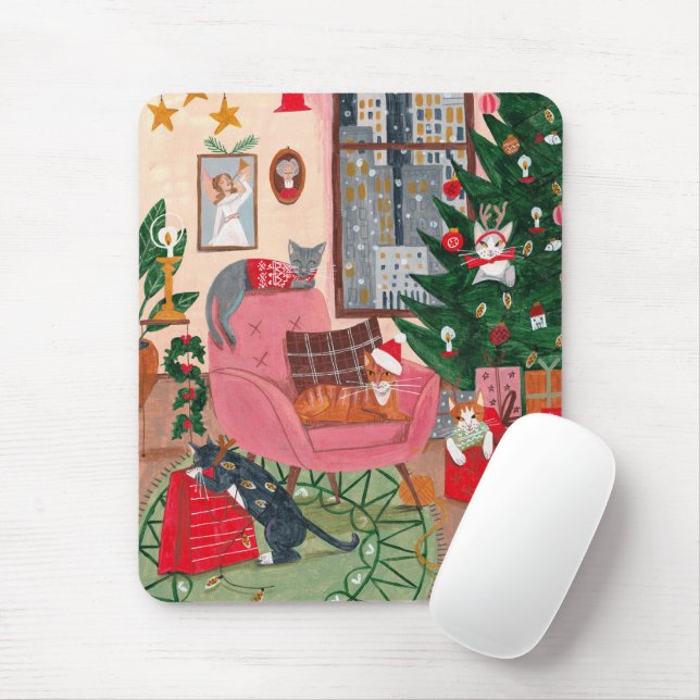 Julillustration för katt vid kattens rosa musmatta (Med mus)