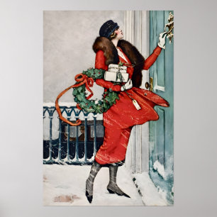 Julillustration från förr på dörrtröskeln poster