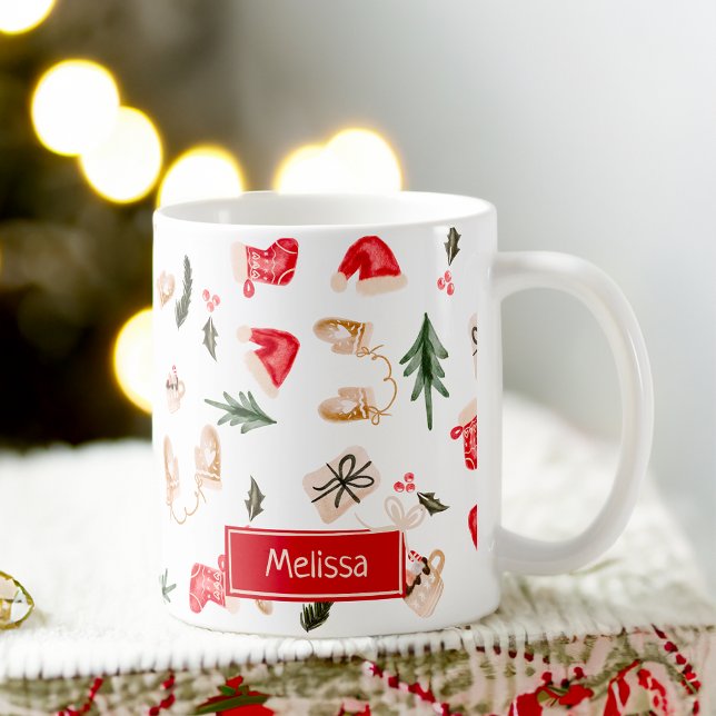 Julillustration i mönster, ljus vattenfärg kaffemugg (Cute watercolor Christmas illustration pattern Coffee Mug)